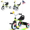 BABY JOY Toddler Bike, Folding Kids Tricycle w/Glowing Wheels, Flag, 3-Position Seat, Storage Basket & Squeaky Duck, Baby Trike Balance Bike for 1-3 Years Old Boys Girls Outdoor Play (Green) view 1