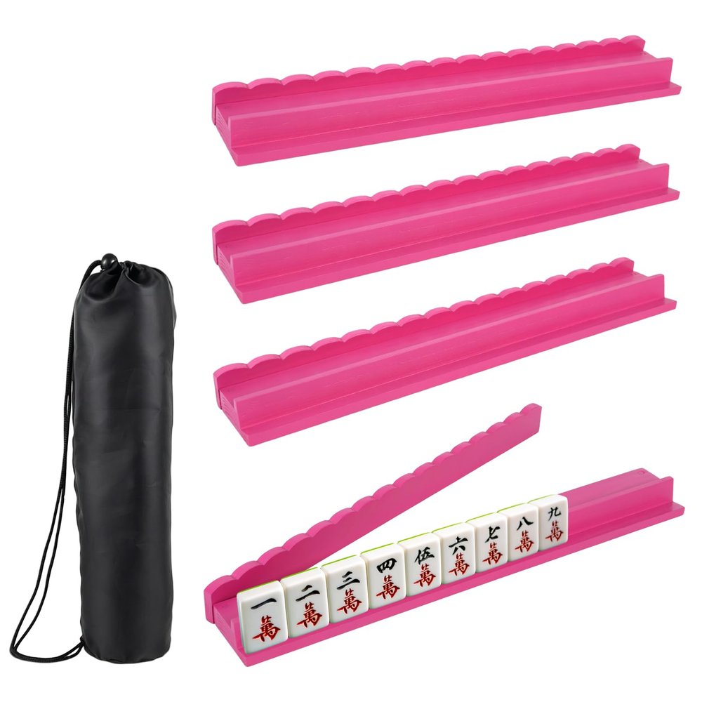 4 Pcs Mahjong Racks with Pushers Wooden American Mahjong Tile Rack Set Magnetic Scalloped Organizing Tiles Holders with Storage Bags 17.3 Inch Mahjong Accessories for Players Gift Family Game Night