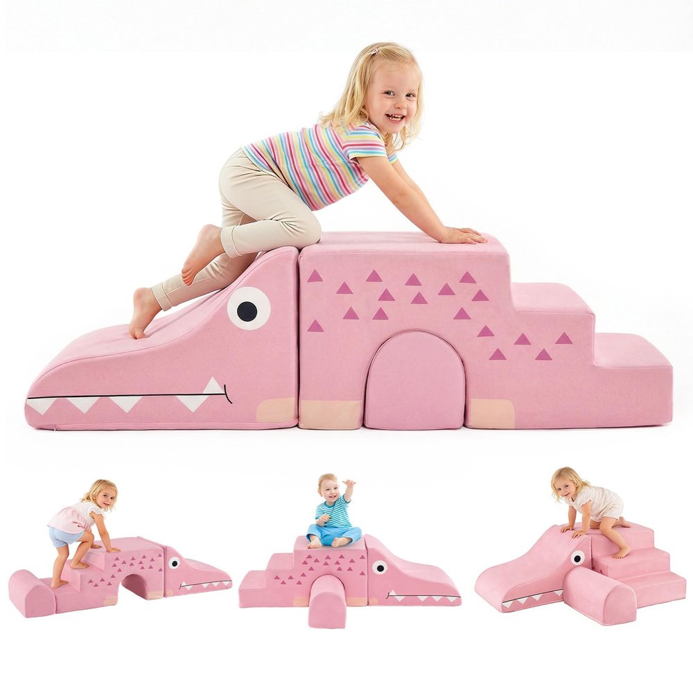 Costzon Climbing Toys for Toddlers, 3 Pieces Crocodile Foam Climbing Blocks w/Removable Velvet Covers for Baby Sliding, Crawling & Playing, Convertible Kids Play Couch Indoor for Playroom (Pink)