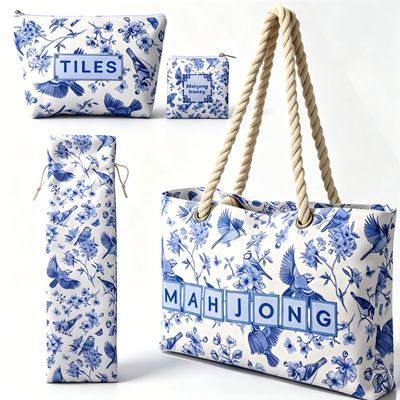 4 Pcs Empty Mahjong Bags Set Mahjong Tile Bag with Handle Thickened Blue Printed Mahjong Carrying Bag with Tiles Bag and Racks Drawstring Bag and Coin Purse for Travel Party Game (Without Mahjong Mat)