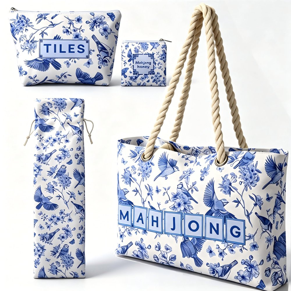4 Pcs Empty Mahjong Bags Set Mahjong Tile Bag with Handle Thickened Blue Printed Mahjong Carrying Bag with Tiles Bag and Racks Drawstring Bag and Coin Purse for Travel Party Game (Without Mahjong Mat)