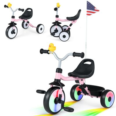 BABY JOY Toddler Bike, Folding Kids Tricycle w/Glowing Wheels, Flag, 3-Position Seat, Storage Basket & Squeaky Duck, Baby Trike Balance Bike for 1-3 Years Old Boys Girls Outdoor Play (Pink)