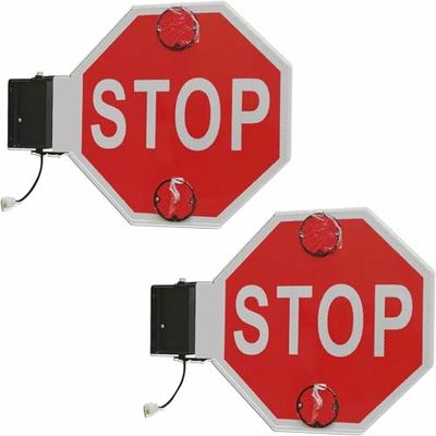 Double-Sided Reflective School Bus Stop Sign Aluminum Signal with Flashing & Steady-On Lights, Electronic Controller for Enhanced Safety at School Bus Stops