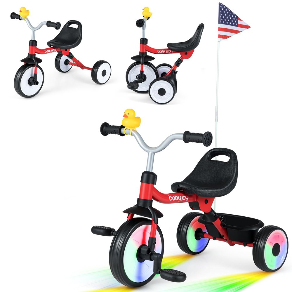 BABY JOY Toddler Bike, Folding Kids Tricycle w/Glowing Wheels, Flag, 3-Position Seat, Storage Basket & Squeaky Duck, Baby Trike Balance Bike for 1-3 Years Old Boys Girls Outdoor Play (Red)