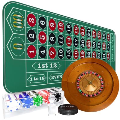 iEsstros Roulette Wheel Set for Adults with Rubber Roulette Table Mat 35" x 16" Wood Roulette Wheel 20 Inch 100 Poker Chips Set Win Mark Dealer Button-Green