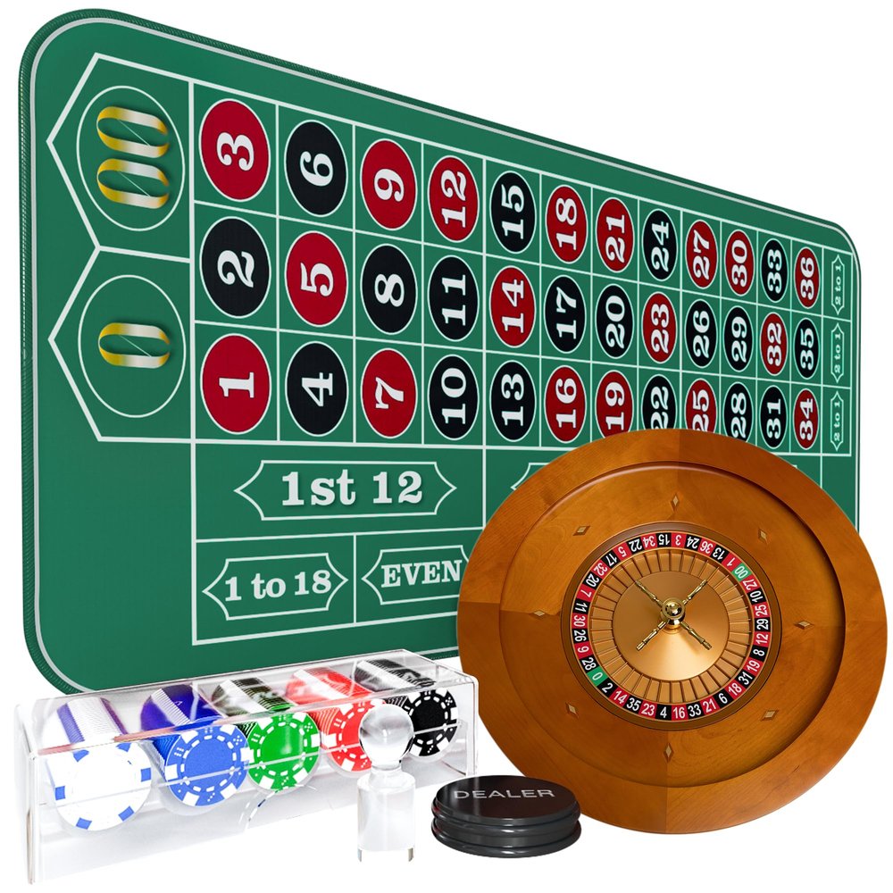 iEsstros Roulette Wheel Set for Adults with Rubber Roulette Table Mat 35" x 16" Wood Roulette Wheel 20 Inch 100 Poker Chips Set Win Mark Dealer Button-Green