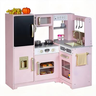 Play Corner Kitchen, Ultimate Interactive Wooden Kids Playset with Light, Light, Montessori Pretend Play Toys, Kids Cooking Playset for Girls & Boys Ages 3+(Pink)