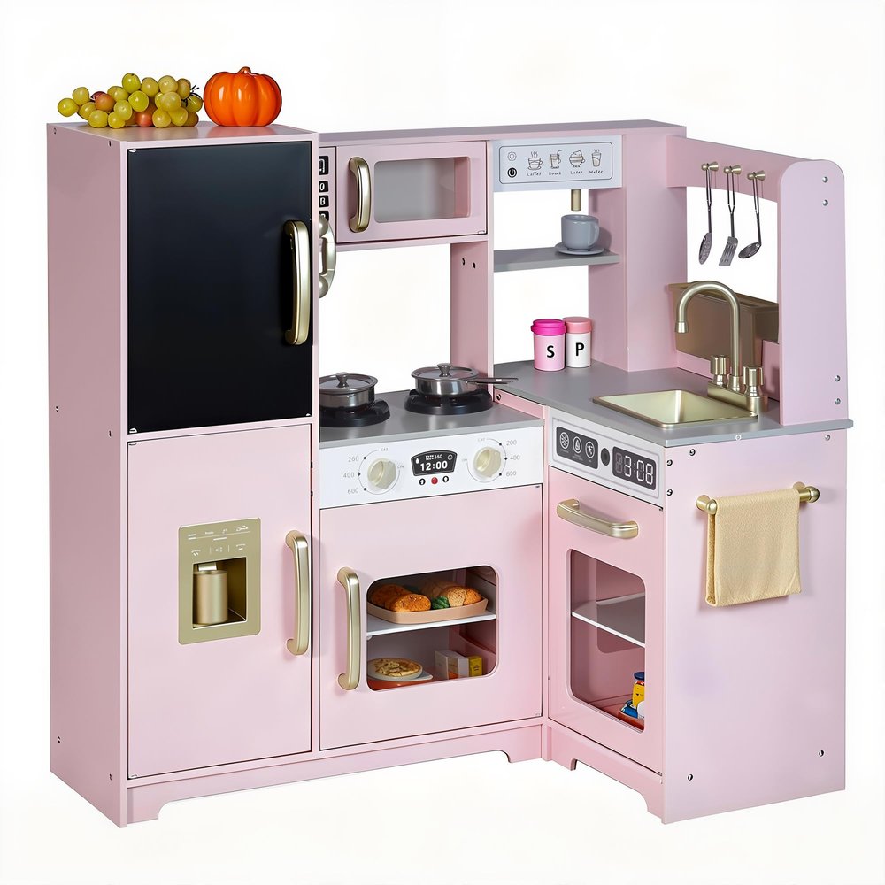Play Corner Kitchen, Ultimate Interactive Wooden Kids Playset with Light, Light, Montessori Pretend Play Toys, Kids Cooking Playset for Girls & Boys Ages 3+(Pink)