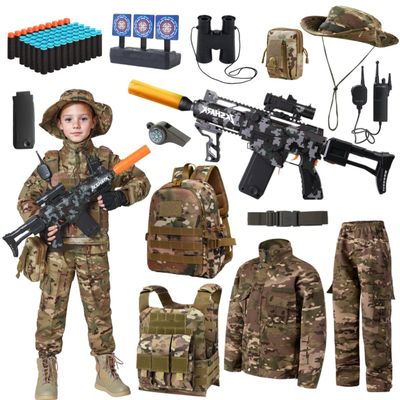 Lcirvti Kids Military Costume Set with Toy Gun, Camouflage Tactical Gear, Complete Army Uniform with AccessoriesBoy soldier role (7-8Years/130)