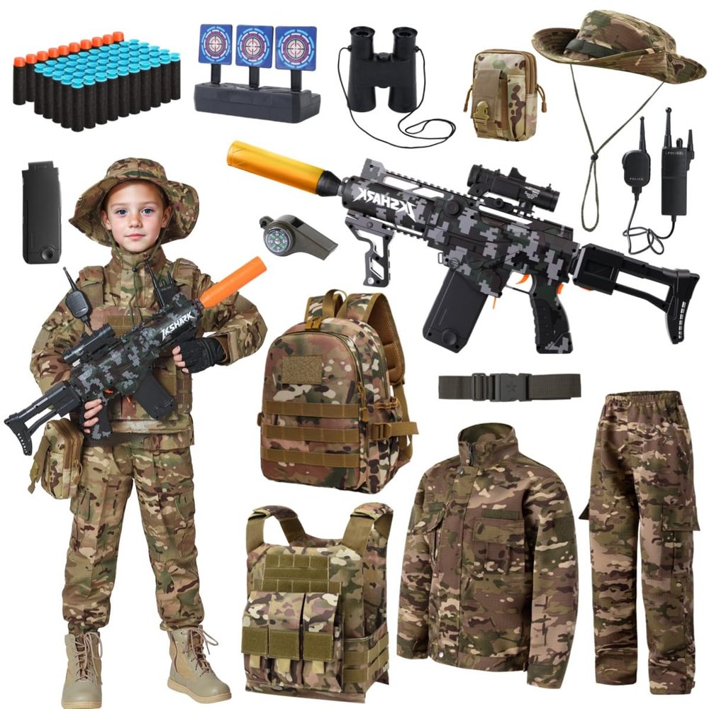 Lcirvti Kids Military Costume Set with Toy Gun, Camouflage Tactical Gear, Complete Army Uniform with AccessoriesBoy soldier role (7-8Years/130)