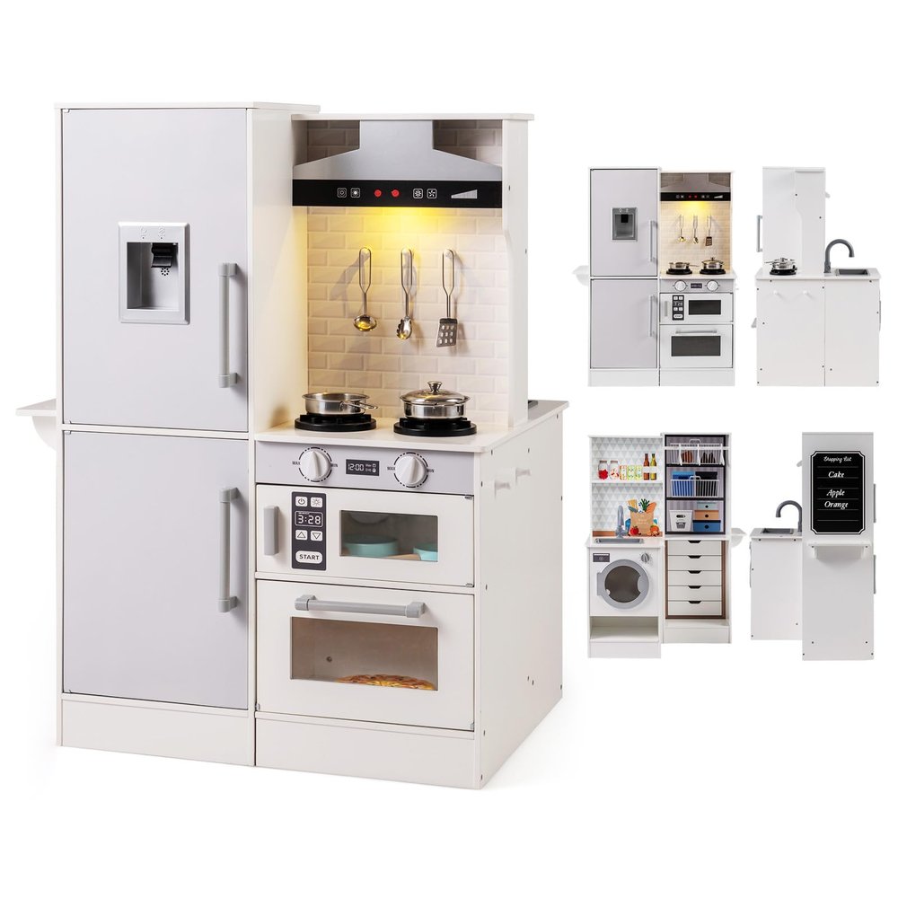 Costzon Dual-Sided Kids Kitchen Playset, Wooden Toddler Play Toy w/Real Lights & Sounds, Dispenser, Range Hood, Storage, Microwave & Cookware Utensils, Pretend Play Kitchen for Kids 3+ Years (White)