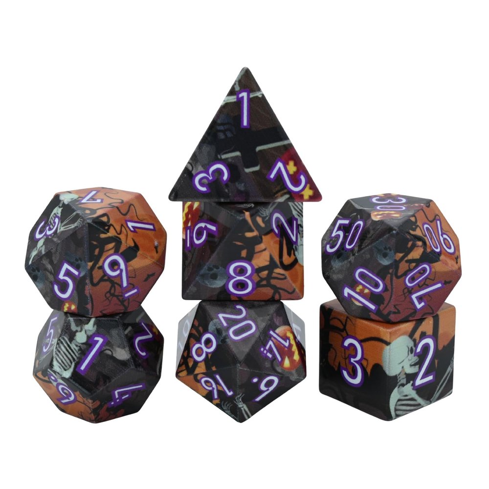 7-Piece Resin Polyhedral Dice Set with Skull, Pumpkin, Bat, and Twig Prints for Halloween and Year-Round Tabletop RPG Gaming(Skulls)