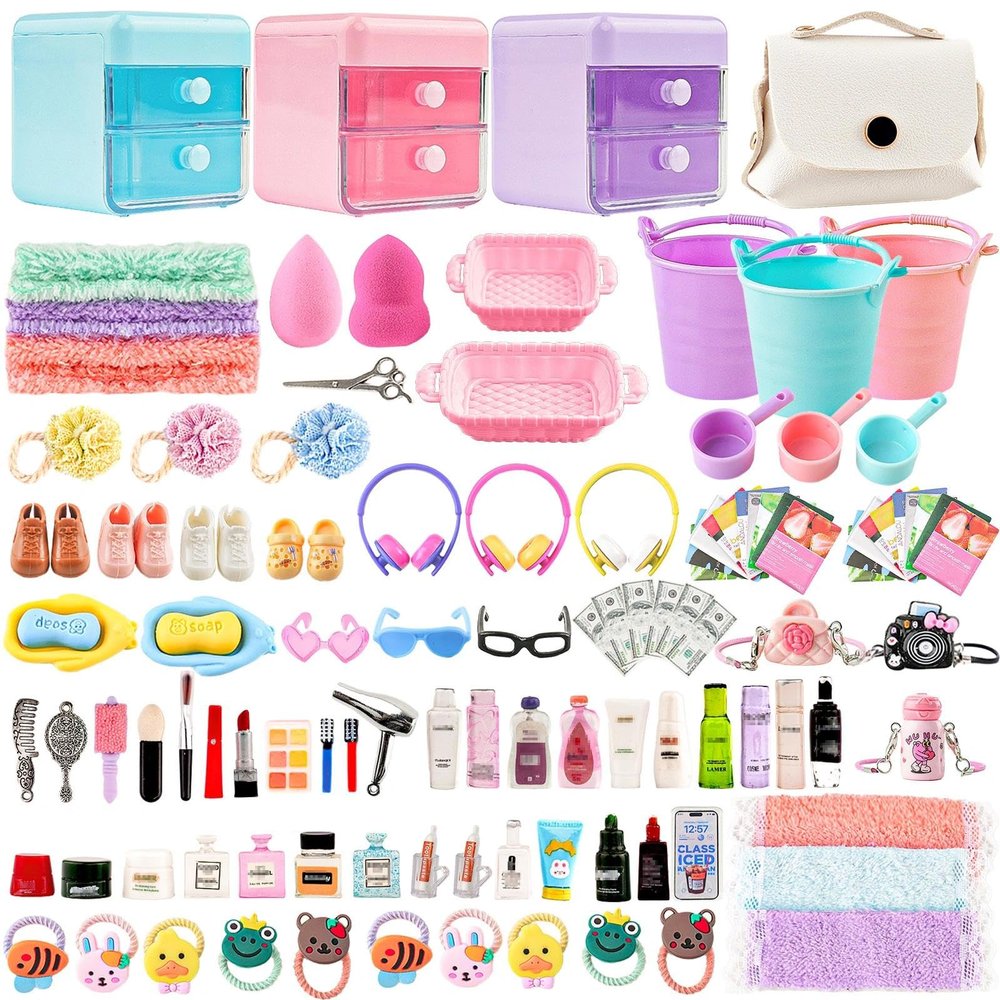 118Pcs Dollhouse Mini Jewelry Storage Case Cosmetic Hand Bag Towel Bathroom Set Accessories Toothbrush Shampoo Purse Decor Doll Backpack Girl Micro Scene Ature Makeup Shoes Glasses Money Mask DIY