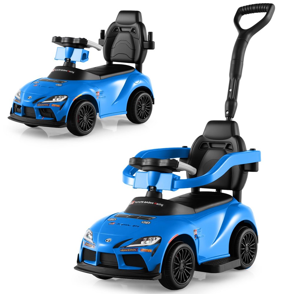 Licensed Toyota Ride on Push Car by OLAKIDS, 3 in 1 Toddlers Sliding Walking Toy with Parent Control Handle, Removable Guardrails, Underneath Storage (Blue)