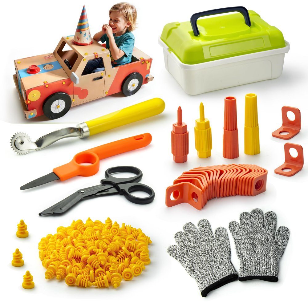 Cardboard Construction Kit for Kids 150 Pcs Cardboard Cutter Safe Kids Tool Set for Todder with Storage Box,Creative Educational Toys Gift for Boys and Girls