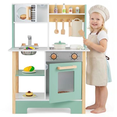 Costzon Kids Play Kitchen, Wooden Toy Kitchen w/Microwave, Water Sink, Oven, Stoves & Cookware Accessories, Pretend Kitchen Playset with Storage for Toddlers, Gift for Boys and Girls Aged 3+