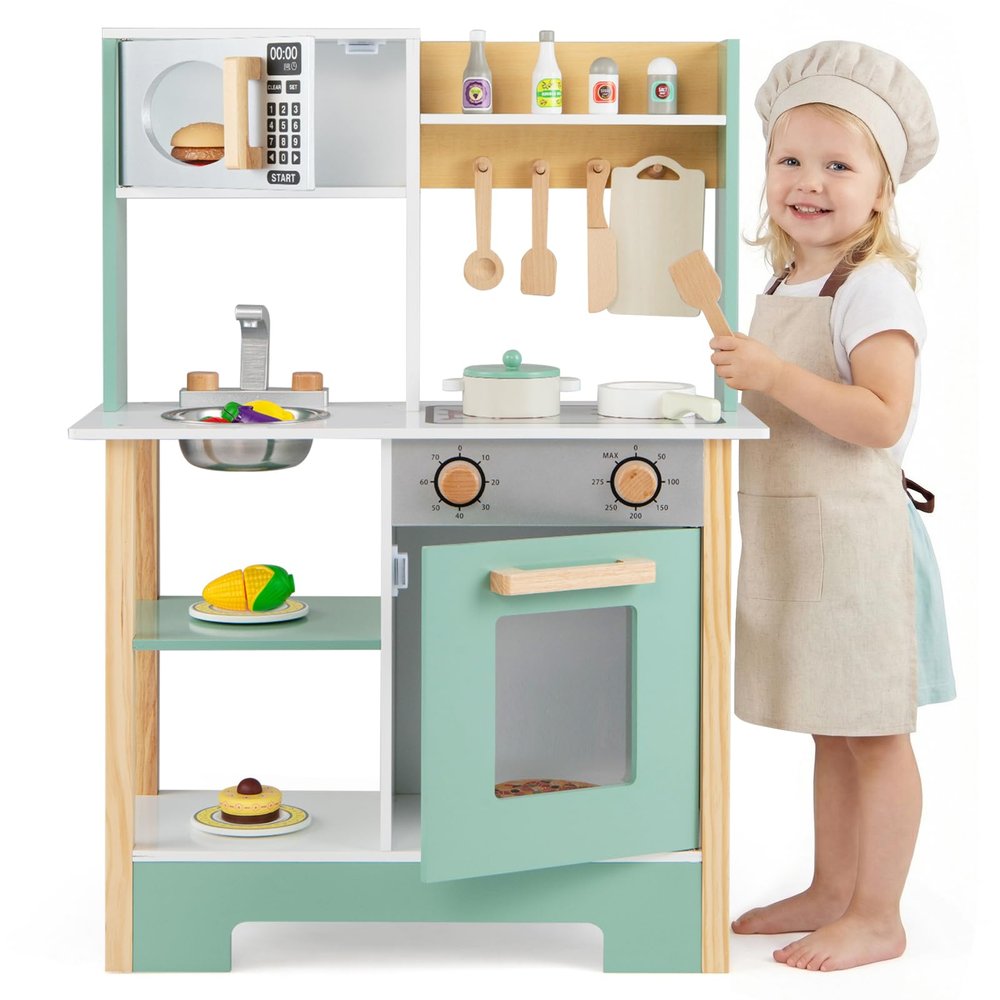 Costzon Kids Play Kitchen, Wooden Toy Kitchen w/Microwave, Water Sink, Oven, Stoves & Cookware Accessories, Pretend Kitchen Playset with Storage for Toddlers, Gift for Boys and Girls Aged 3+