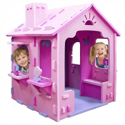 Costzon Playhouse, EVA Foam Kids Indoor Cottage Playground w/Roof, Chimney, Windows & Doorways, No-Tools Required Assembly, Toddler Playset for Boys Girls (Pink)