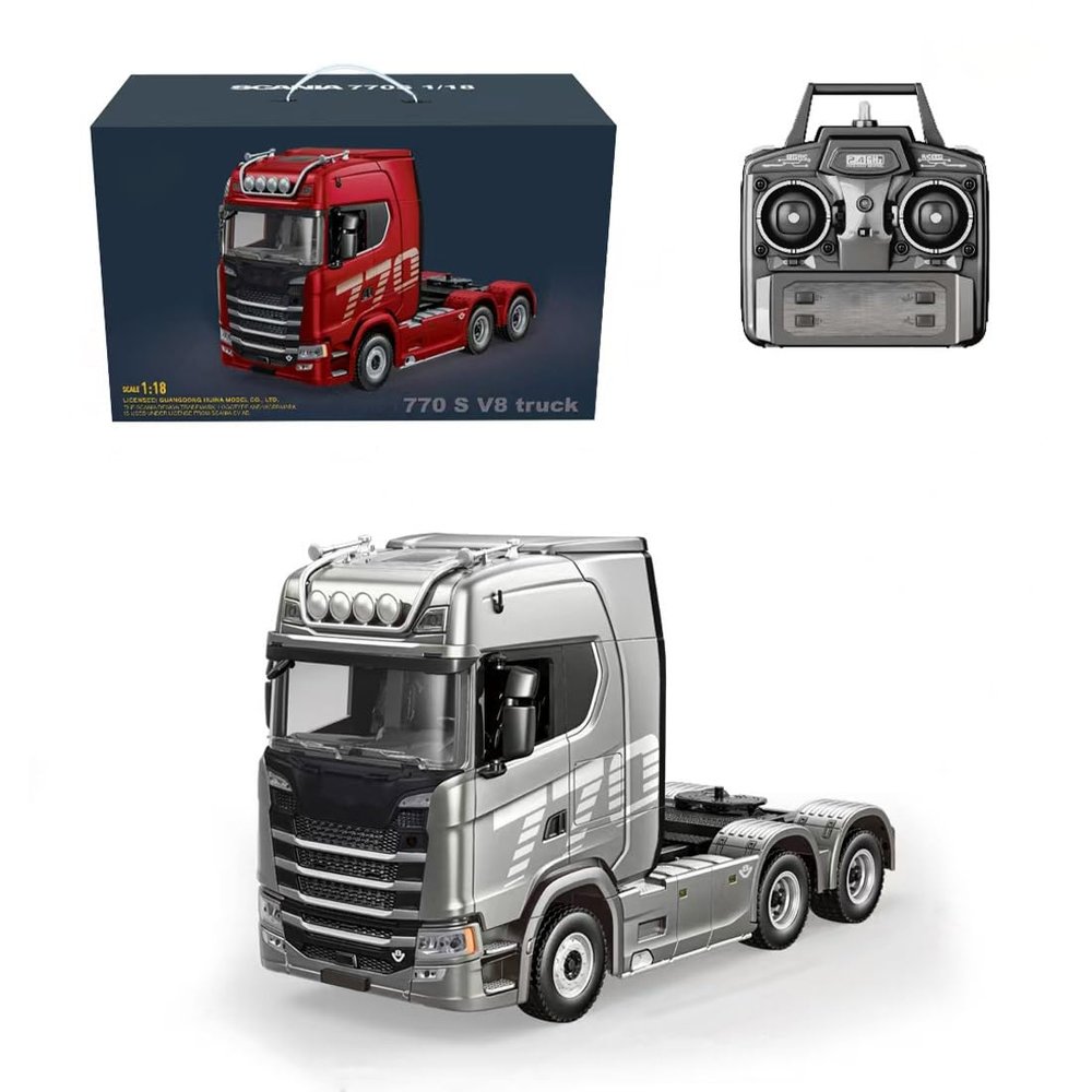FunXylophy 1/18 RC Semi Truck, 6x4 Heavy Duty Semi Trailer Remote Control Truck with Rear Wheel Drive and LED Lights, Sound Effects, Construction Vehicles for Adult (Grey)