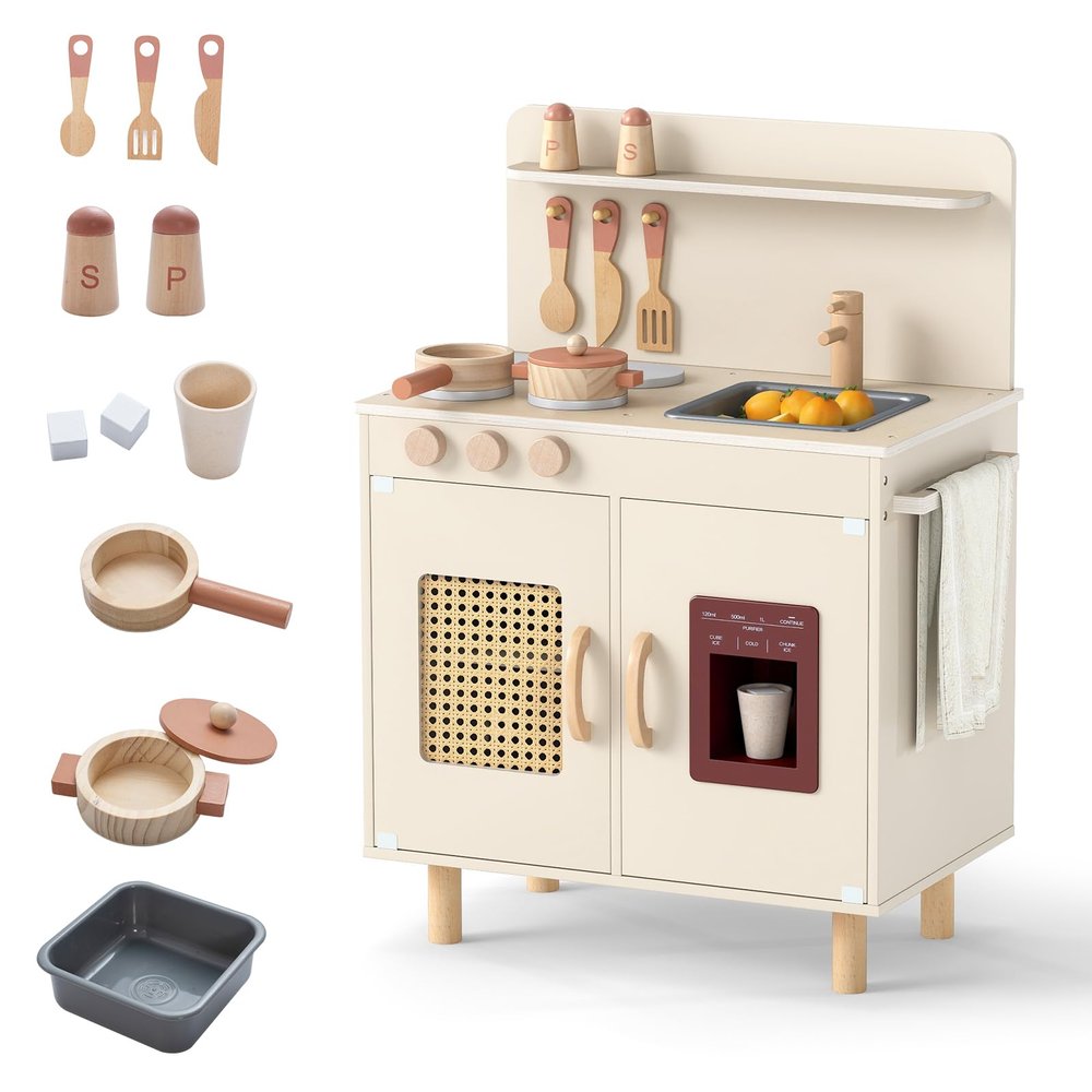 Costzon Kids Kitchen Playset, Little Chef Wooden Pretend Play Toy w/Realistic Ice Maker, Stove, Water Sink & Storage Space, Rattan Play Kitchen for Boys, Girls, Ideal Gift for Kids 3+ Years (Yellow)