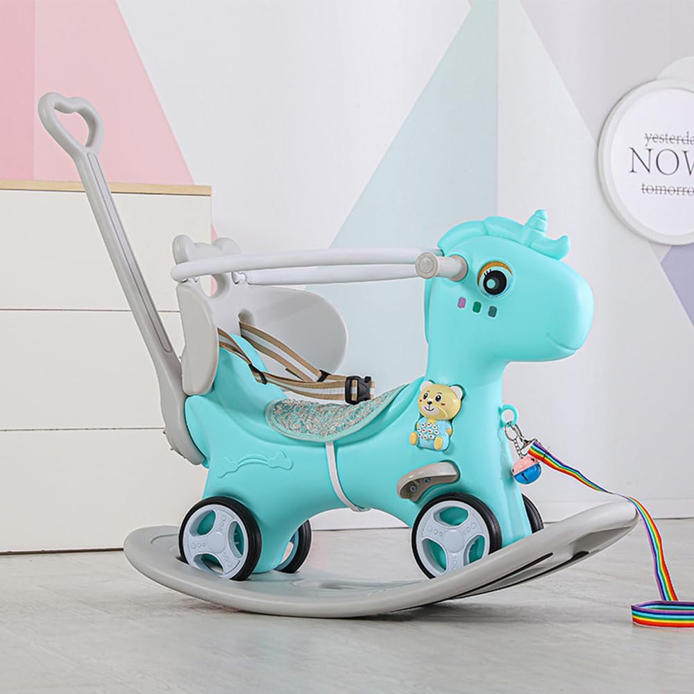 Toddler Rocking Horse of 4 Modes: Balance Bike, Ride on Toy with Push Handle &Detachable Balance Board and Footrest, High Backrest & Sound, HDPE Baby Toy/Gift for 1-3 Year Old Boys Girls. (Blue)