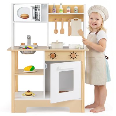Costzon Kids Play Kitchen, Wooden Toy Kitchen w/Microwave, Water Sink, Oven, Stoves & Cookware Accessories, Pretend Kitchen Playset with Storage for Toddlers, Gift for Boys and Girls Aged 3+