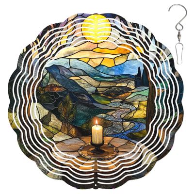 10-Inch Metal Wind Spinner Lit Candle on Wooden Table 3D Wind Spinner, Unique Metal Hanging Kinetic Wind Sculpture Ornament Gifts for Women Yard Art Garden Patio Lawn Indoor Outdoor Decor