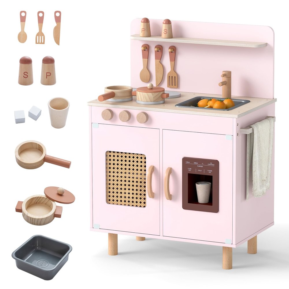 Costzon Kids Kitchen Playset, Little Chef Wooden Pretend Play Toy w/Realistic Ice Maker, Stove, Water Sink & Storage Space, Rattan Play Kitchen for Boys, Girls, Ideal Gift for Kids 3+ Years (Pink)