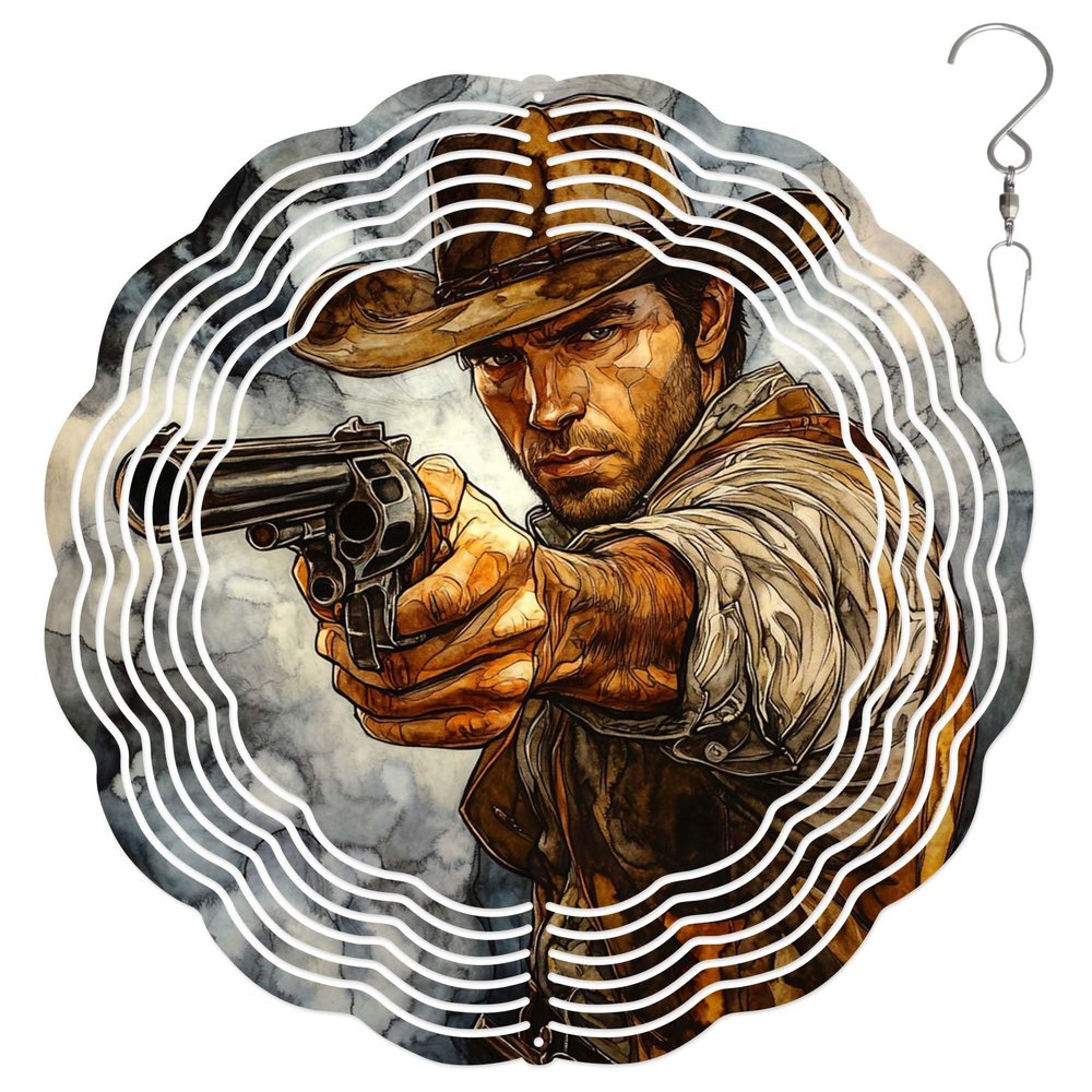 10-Inch Metal Wind Spinner Cowboy Aiming Revolver 3DWind Spinner, Unique Metal Hanging Kinetic Wind Sculpture Ornament Gifts for Women Yard Art Garden Patio Lawn Indoor Outdoor Decor