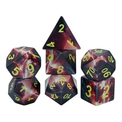 7-Piece Resin Dice Set with Lightning and Volcano Designs - Red and Black Printed Polyhedral Dice for Tabletop RPGs, Board Games, and Gaming Gifts(Lightning Volcano)