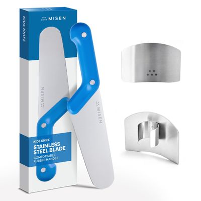 Misen Kids (5+) Knife with Finger Guard 4" Stainless Steel Learning Knife for Children - Rounded Tip, Soft Rubber Handle - Sharp, Durable Build for Beginner Food Prep - Blue
