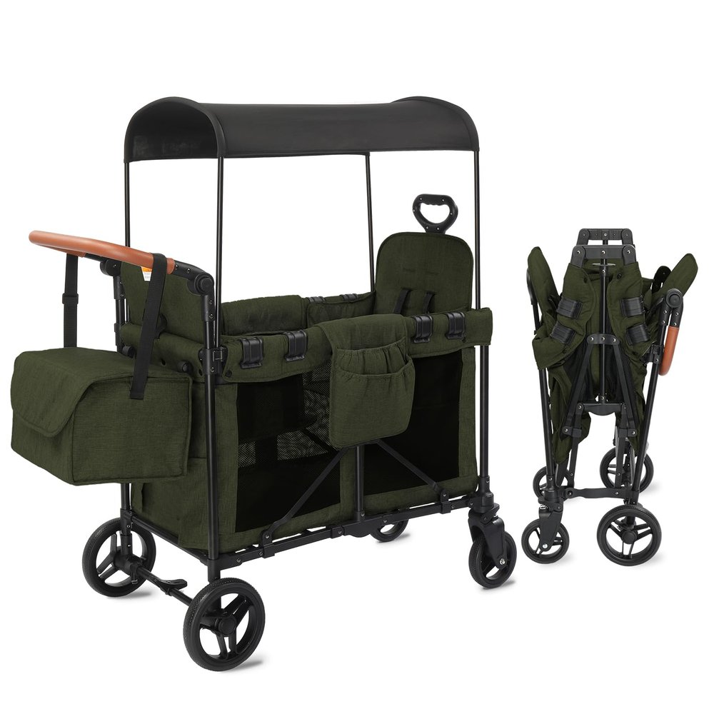Stroller Wagon for 2 Kids, Baby Wagon Stroller for 2 Seaters, All-Terrain Kids Wagon with Canopy, Parent Organizer, Adjustable Handle & Pull Bar for Infants and Toddlers (Green)