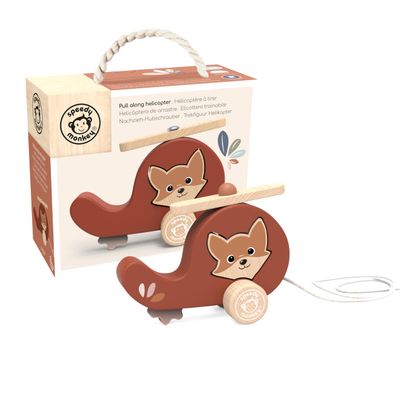 SPEEDY MONKEY Wooden Pull-Along Helicopter Toy for Toddlers 12m+ Rolling