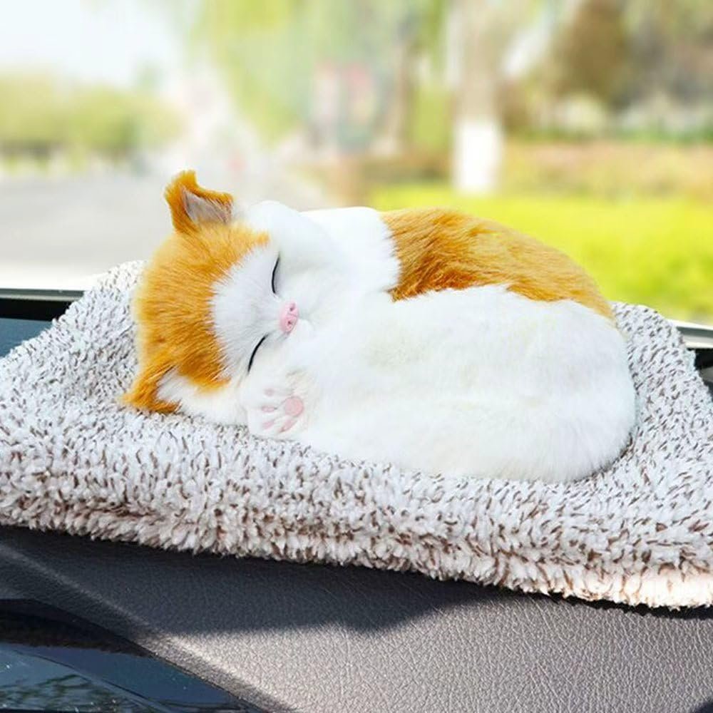 Cute Realistic Sleeping Cat Plush Ornament - Lifelike Handmade Furry Kitty Decor Prop, Hollow PE Shell Simulation Cat Figurine for Car, Home, Desk, Gifts for Girls (Yellow)