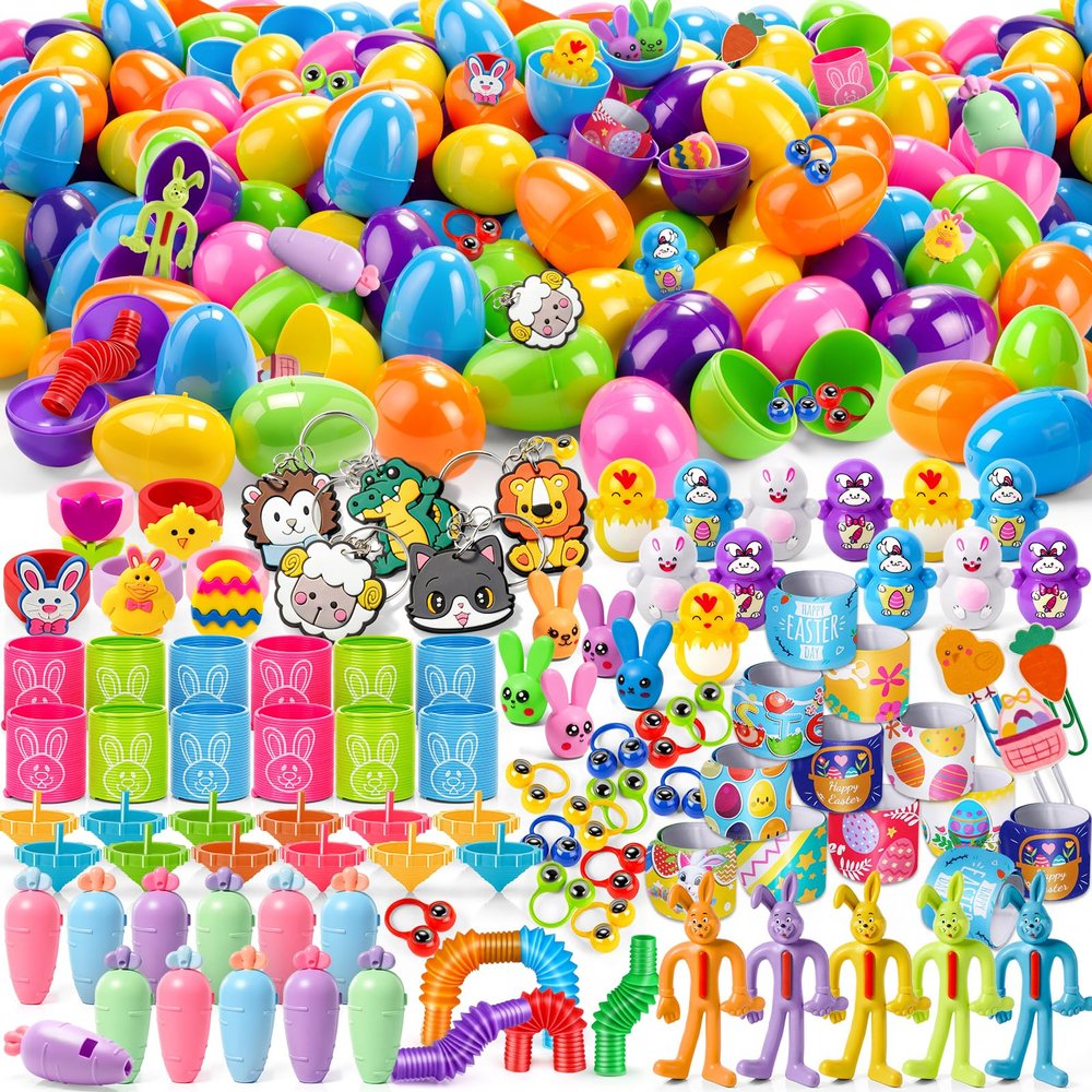 100 Pcs Prefilled Easter Eggs with Toys Inside - Easter Basket Stuffers & Egg Hunt Fillers for Kids, Pre Filled Easter Eggs Easter Party Favors Classroom Prize for Kids Toddler Boys Girls