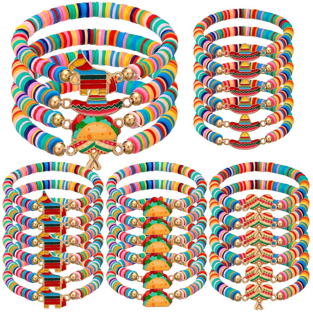 Huquary 24 Pcs Mexico Beaded Stackable Cinco De Mayo Fiesta Bracelets