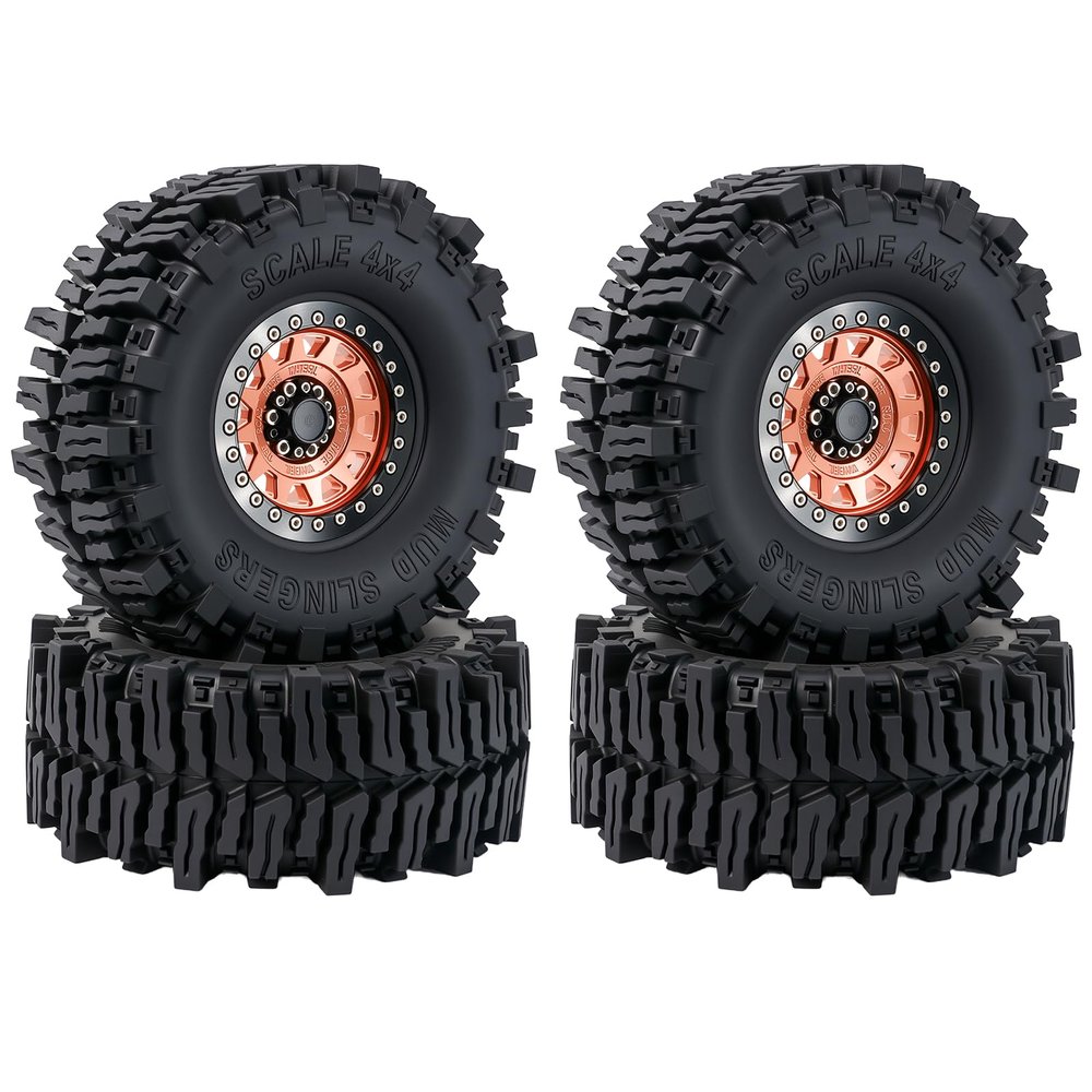 2.2" RC Beadlock Wheels Rims & Black Tires Set for 1/10 RC Crawler (Set of 4) - Compatible with SCX10 II 90046/90048 YK4103 MN99 MN78 Wheels Upgrade (Rim:Black and Copper)