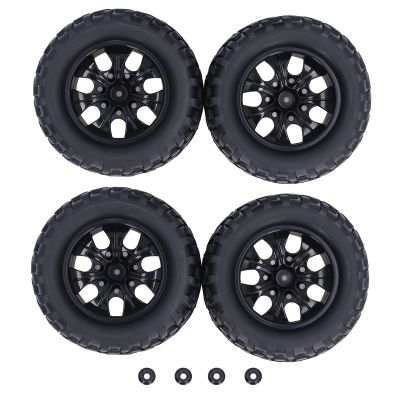 4PCS Rubber Tires with M4 Lock Nuts, RC Off Road Truck Tire, 7 Spoke Rim Wheel for 1/10 RC Vehicles, Durable Non Slip Texture for Axial HSP Redcat HPI