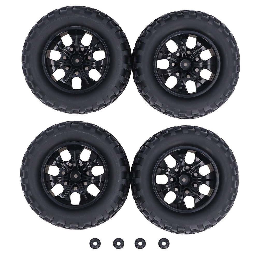 4PCS Rubber Tires with M4 Lock Nuts, RC Off Road Truck Tire, 7 Spoke Rim Wheel for 1/10 RC Vehicles, Durable Non Slip Texture for Axial HSP Redcat HPI