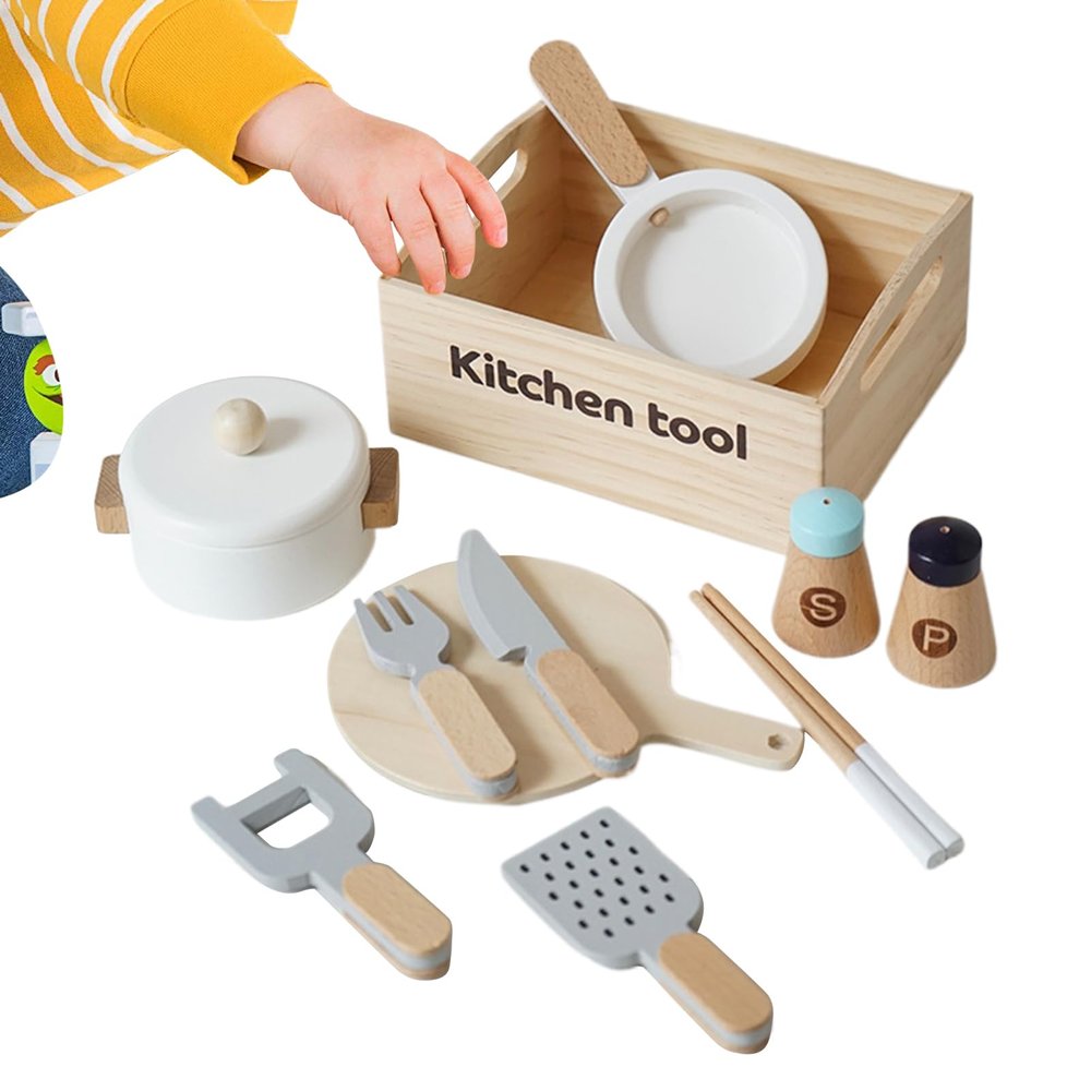 Wooden Kitchen Set, Realistic Pretend Cooking Toys, 10 Pieces Kids Play Bundle, Natural Wood Material Educational Details, Role Play Accessories with Fun, Children Indoor Christmas Home Game