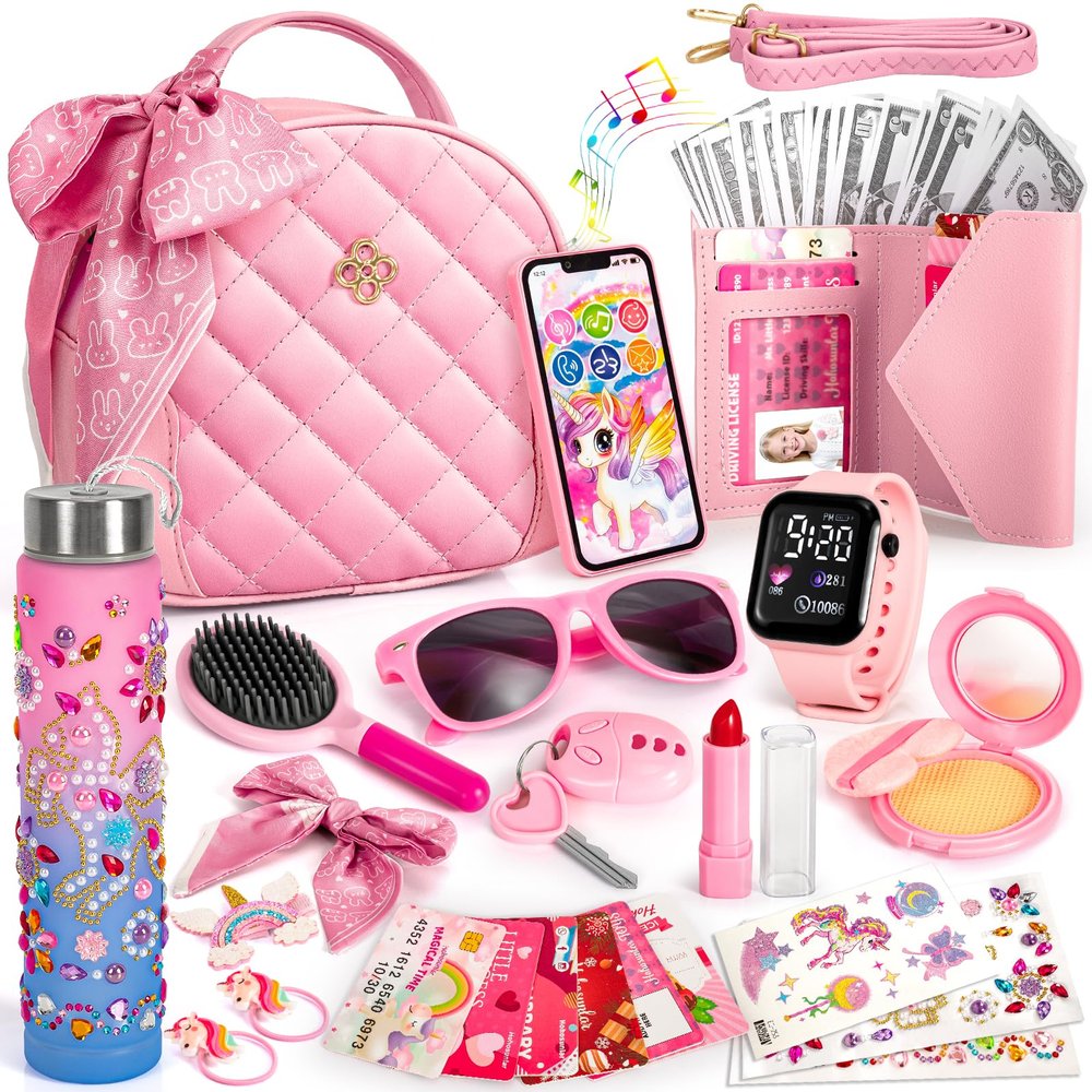 Hohosunlar Play Purse for Girls, Kids Handbag with Pretend Makeup, DIY Unicorn Water Bottle, Princess Toy Phone, Watch, Wallet, Cards, Christmas Birthday Gift for Girls Toddler Ages 3-12