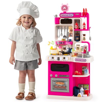 Costzon Kids Kitchen Playset, Little Chef Pretend Kitchenette Set w/Real Light, Sound, Steam, Stoves, Faucet & Sink, 95 PCS Accessories, Premium Plastic Play Kitchen for Toddler 3+ (Pink,Single Side)