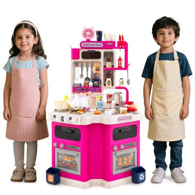Costzon Kids Kitchen Playset, Toddler Play Kitchenette w/Smoke, Sound, Light, Faucet, Stove, Range Hood, Clock, Refrigerator, Oven, Trash Bin, Plastic Play Kitchen for Kids 3+ (Pink,Dual Side)