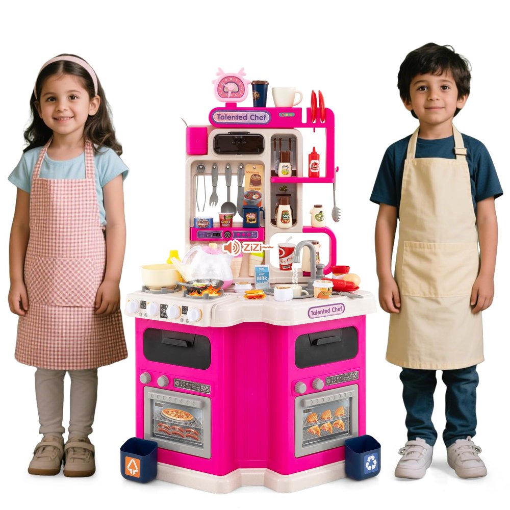 Costzon Kids Kitchen Playset, Toddler Play Kitchenette w/Smoke, Sound, Light, Faucet, Stove, Range Hood, Clock, Refrigerator, Oven, Trash Bin, Plastic Play Kitchen for Kids 3+ (Pink,Dual Side)