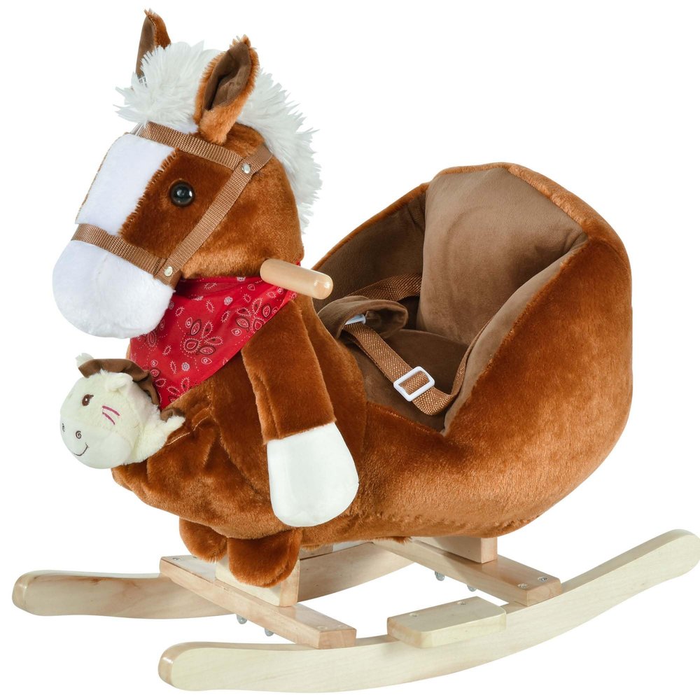 Wooden Rocking Horses Ages 1-3, Toddler Rocking Horse with Lullaby Song, Toddler Rocker Toy with Safety Belt & Footrests for Baby Kids, Ride on Horse, Plush Rocking Animal for Gift (Brown s)
