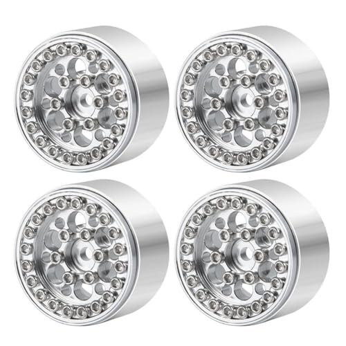 4Pcs 1.0 Inch Silver Metal Beadlock Wheel Rims Hubs Compatible with 1 24 Scale RC Car Models Like SCX24 90081 AXI00001 AXI00002 and Similar Off Road Vehicles(Type 3)
