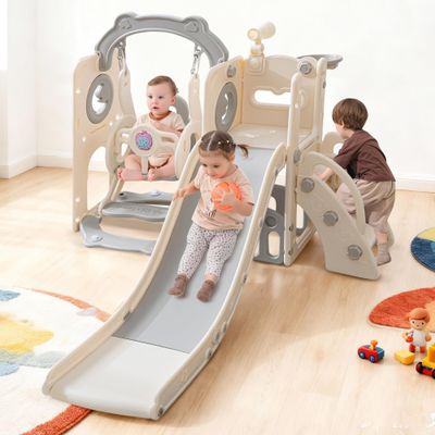 8-in-1 Toddler Playset with Swing & Slide  Indoor/Outdoor Playground for Age 1-3 Years  Featuring Climber, Basketball Hoop, Telescope, Peek-a-Boo, Sound Toy & Storage (Grey, White)