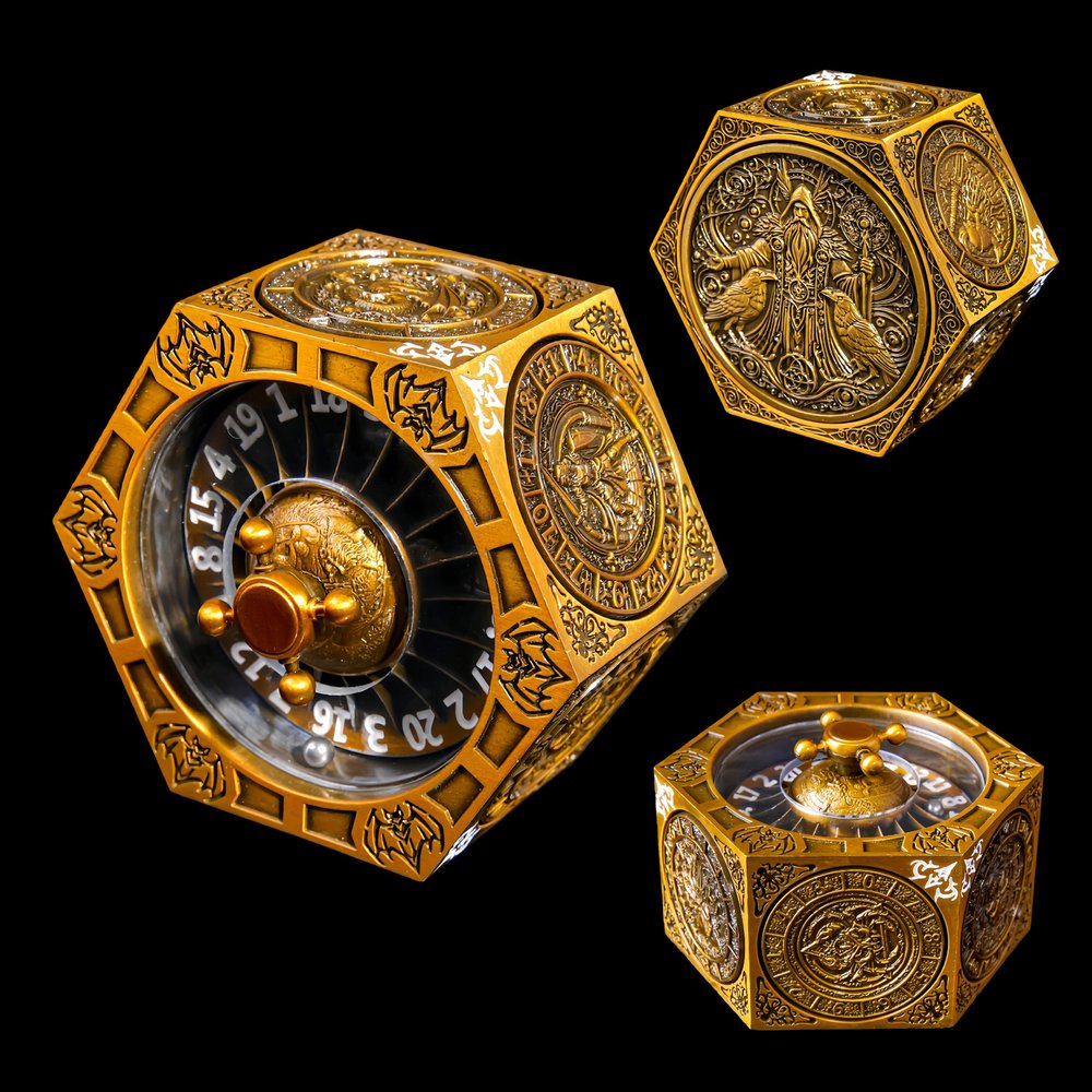 7 in 1 Metal Spinner DND Dice Set for Dungeons and Dragons RPG  Rotating D20 Roulette Top + Side Polyhedral Dials (D4 D6 D8 D10 D12 D%)  Heavy Duty Gaming Accessory GiftGold