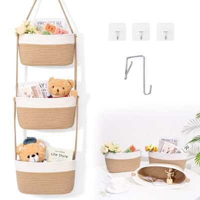 Degeyoyo Hanging Basket, 3-Tier Woven Wall Basket with 4 Hooks, Cotton Rope Storage Baskets, Over the Door Organizer for Nursery, Bedroom, Cottage and Boho Wall Decor