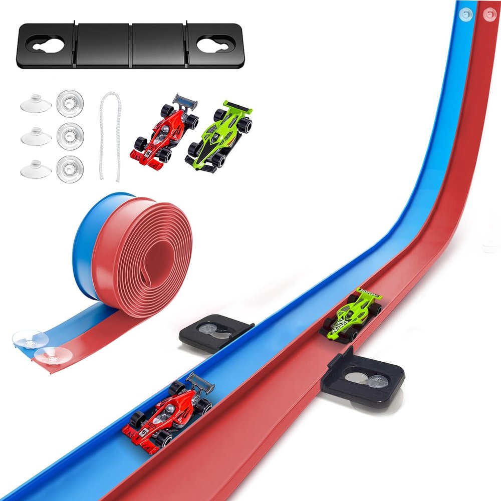 15 Ft Flexible Race Track for Kids, Two-Lane Flex Track for 1:64 Diecast Cars Toys, Includes 2 Cars & 6 Suction Cups & 1 Rope, Portable Design, Birthday Gift for Boys & Girls Ages 3-8Red & Blue